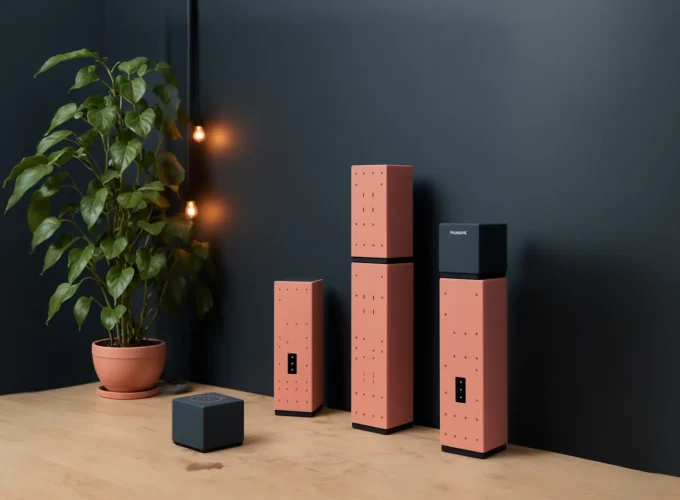 Modern Coral Telecommunication Device Set with Contrasting Blue Interface Unit